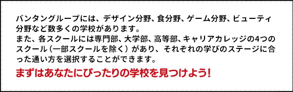 バンタングループには、デザイン分野、食分野、ゲーム分野、ビューティ分野など数多くの学校があります。また、各スクールには専門部、大学部、高等部、キャリアカレッジの4つのスクール（一部スクールを除く）があり、それぞれの学びのステージに合った通い方を選択することができます。